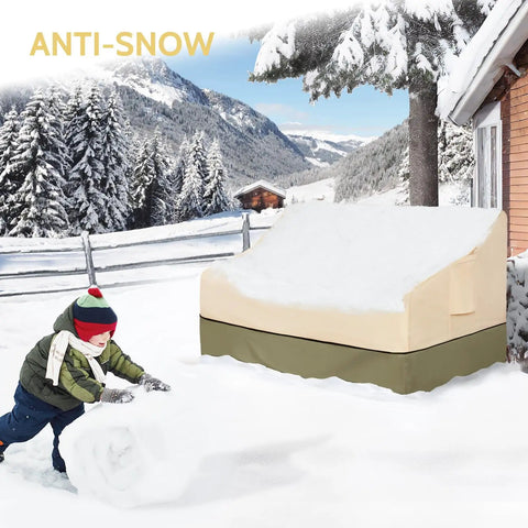 Waterproof Outdoor 3-Seater Sofa Cover Heavy Duty Protects Your Patio Furniture Up To 79W X 38D X 35H Inches With Durable Fabric All Weather Shield Easy Fit And Adjustable Straps For A Snug No Fuss Look, beige cover on snowy patio.