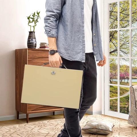 Person holding Fireproof Document Safe Box With Key Lock Sturdy Double Steel Chest For Valuables indoors with sand finish