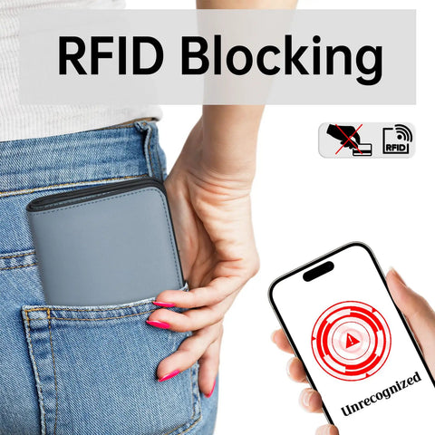 Women’s Slim Leather Wallet With RFID Protection in pocket, compact bifold design, blue leather, shown with smartphone RFID block alert.