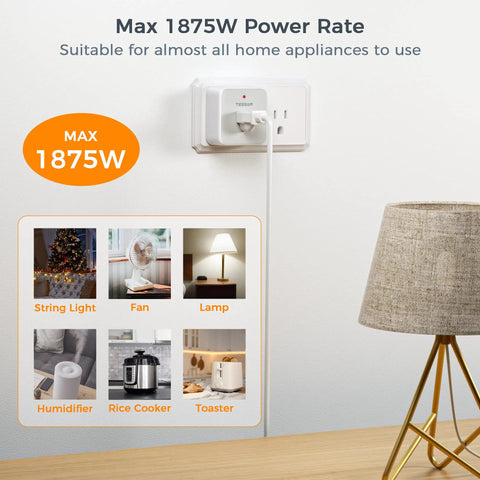 Remote Control Outlet Wireless Light Switch for Lamps and Fans, Plug In On Off Receiver with 1875W max power rate displayed.