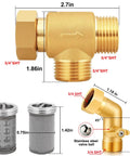 No Sweat Brass Garden Hose Filter With Rock Solid Dual Mesh Stainless Steel Screen and Quick Shut Off Valve with dimensions.