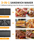 3 In 1 Waffle, Grill And Sandwich Maker With Removable Nonstick Plates, showing waffle, sandwich, and grill plates with cooked foods