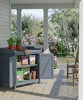 All Weather Wood Garden Storage Cabinet With Built In Workbench And Potting Table Waterproof Tool Shed For Outdoor Lawn And Patio Sturdy Gray Outdoor Storage Organizer With Shelves Easy Assembly on patio