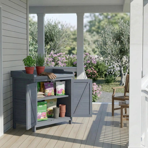 All Weather Wood Garden Storage Cabinet With Built In Workbench And Potting Table Waterproof Tool Shed For Outdoor Lawn And Patio Sturdy Gray Outdoor Storage Organizer With Shelves Easy Assembly on patio