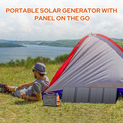 Camping scene with Go To All In One Portable Power Station, 100W solar generator and foldable 40W panel next to a tent by a lake.
