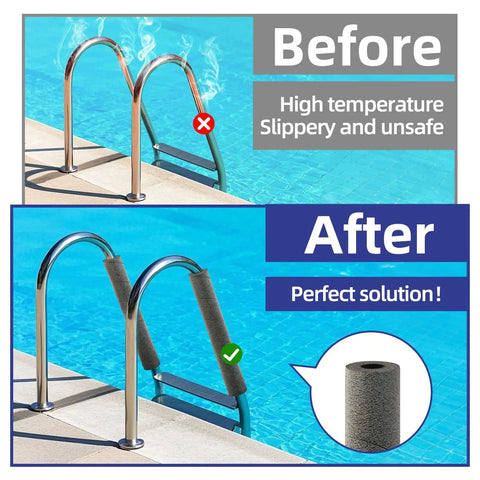 Two Pack 15.7 Inch Pipe Insulation Foam Tube With Spiral Snake Design installed on pool ladder