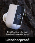 Freebird 2K Wireless Security Camera Battery Powered Outdoor Camera Magnetic Mount on wet tree, waterproof design.