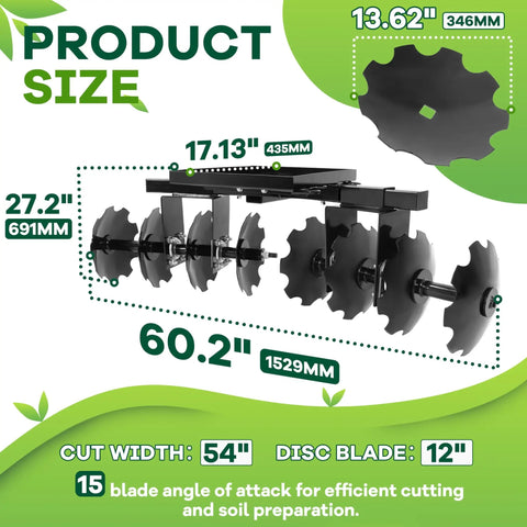 54 Inch Disc Plow Harrow For ATV UTV With 2 Inch Receiver Pull Behind Tiller showing dimensions and cutting width