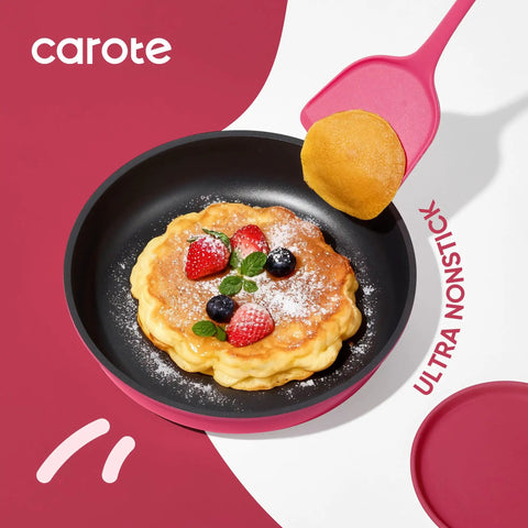 Nonstick pan with fruit-topped pancake from 15 Piece Nonstick Pots And Pans Set With Detachable Handle For Induction Cooktop, Oven And Dishwasher Safe