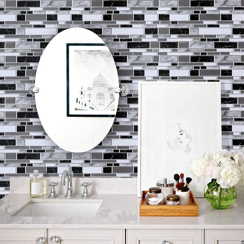Bathroom mirror with Peel And Stick Backsplash Wallpaper For Kitchen And Bath 11.8 Inches Wide And 196.8 Inches Long Thickened Oil Proof And Heat Resistant Waterproof Tile Contact Paper With A Slick 3D Look Easy Clean 16.15 Sq Ft Roll visible on the wall.