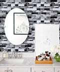 Bathroom with mirror and artwork in front of Peel And Stick Backsplash Wallpaper For Kitchen 17.7 Inch By 393.7 Inch Tile Contact Paper