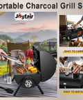 Portable Charcoal Grill Set For Outdoor Grilling And Camping with tools, thermometer, compact tabletop barbecue illustrated in use.
