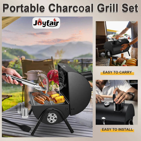 Portable Charcoal Grill Set For Outdoor Grilling And Camping with tools, thermometer, compact tabletop barbecue illustrated in use.
