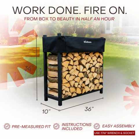 Heavy Duty Firewood Rack For Indoor Outdoor Use, 3-Foot Tall Steel Log Storage Stand With Weather Cover filled with logs