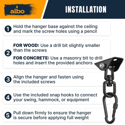 Installation instructions for Heavy Duty Ceiling Mount Swing Hangers Two Pack With 360 Degree Swivel Carabiners 2650 Lbs Capacity