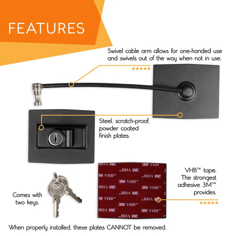 2 Pack Premium Refrigerator Lock With Built In Keyed Lock showing steel plates, vinyl coated cable, keys, VHB tape.