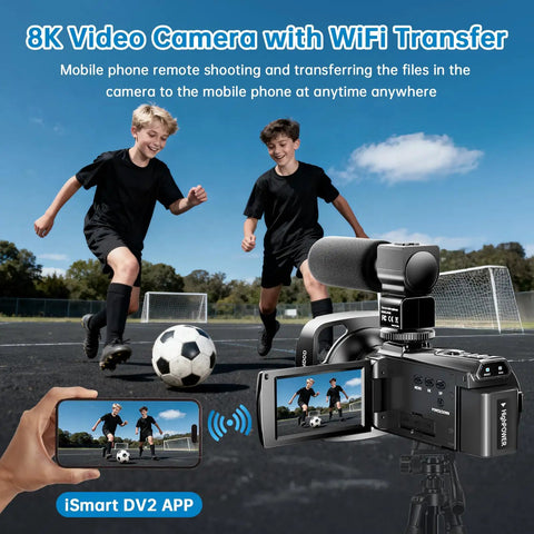 Dope 8K Camcorder with 88MP Ultra HD Video, WiFi Vlogging Camera for YouTube, 18X Digital Zoom capturing kids playing soccer, remote viewing