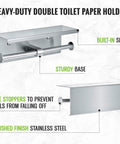Heavy-duty double toilet paper holder with built-in shelf, sturdy base, and side stoppers in brushed stainless steel.
