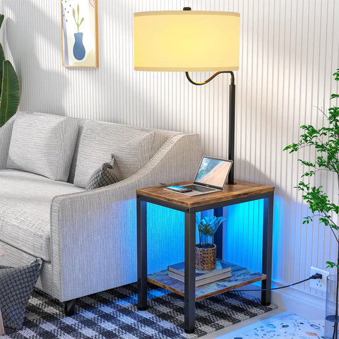 LED Floor Lamp With End Table And USB Ports RGB Color Changing Lights Built In Power Outlet Bedside Nightstand Lamp Rustic Modern Side