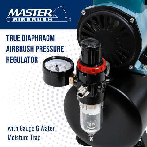 Front view of Master Airbrush true diaphragm airbrush regulator with gauge and water moisture trap on air compressor.