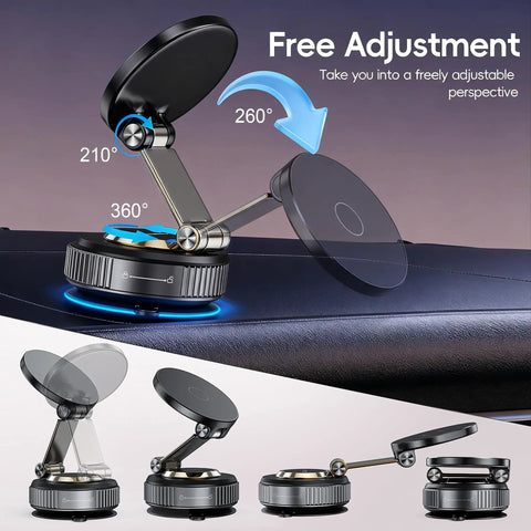Heavy Duty Car Phone Holder Magnetic Mount With 360 Degree Rotation And Beefed Up Vacuum Suction for MagSafe Phones in motion positions.