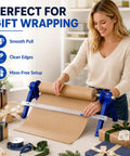 Nifty Paper Dispenser Cutter With Adjustable Mount And Built In Trimmer Plus Heavy Duty Brown Kraft Paper Roll Ideal For Shipping And Packing Straight Up Genius Kit Built Like A Tank in use for gift wrapping.