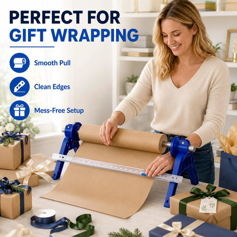 Nifty Paper Dispenser Cutter With Adjustable Mount And Built In Trimmer Plus Heavy Duty Brown Kraft Paper Roll Ideal For Shipping And Packing Straight Up Genius Kit Built Like A Tank in use for gift wrapping.