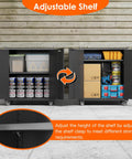 Metal Garage Storage Cabinet With Wheels Pegboard Lockable Doors Four Adjustable Shelves 71 Inch Tall Steel Cabinet, showing shelving adjustment options.