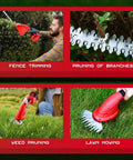 Fence trimming and pruning branches with 2 Pack Cordless Hedge Trimmer With Battery And Charger, handheld grass cutter for lawn care.
