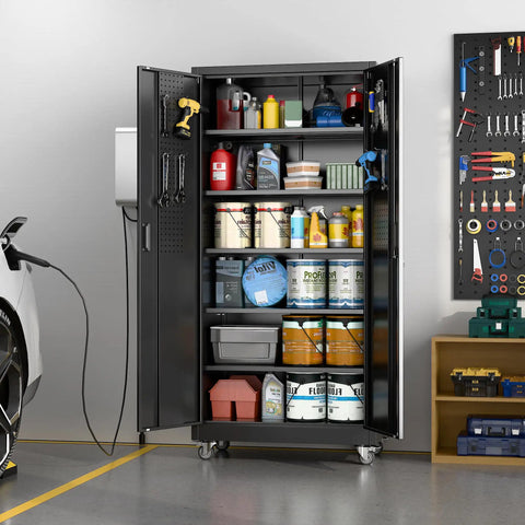 Industrial Metal Garage Storage Cabinet On Wheels With 5 Adjustable Shelves Heavy Duty Steel Organizer For Garage And Home Office Black 71 Inch High 34 Inch Wide 18 Inch Deep Assembly Required fully stocked with tools and supplies