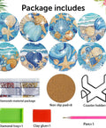 8 Piece Ocean Animals Diamond Art Coaster Kit With Holder Easy To Use DIY Diamond Painting Coasters For Beginners And Adults Includes Pen Tray Glue And Plenty Of Diamonds 4x4 Inch Craft Set, featuring coasters, pen, tray, glue, holder, and diamonds.