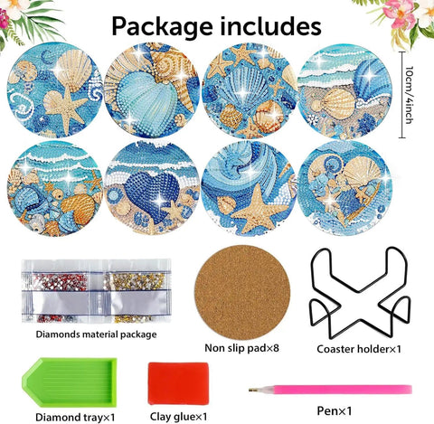 8 Piece Ocean Animals Diamond Art Coaster Kit With Holder Easy To Use DIY Diamond Painting Coasters For Beginners And Adults Includes Pen Tray Glue And Plenty Of Diamonds 4x4 Inch Craft Set, featuring coasters, pen, tray, glue, holder, and diamonds.