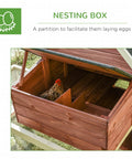 Open nesting box of customizable outdoor chicken coop with nesting box and ramp 114 inch wooden hen house double run poultry pen for garden backyard asphalt roof two tier layout.