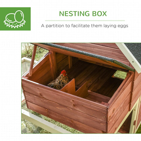 Open nesting box of customizable outdoor chicken coop with nesting box and ramp 114 inch wooden hen house double run poultry pen for garden backyard asphalt roof two tier layout.