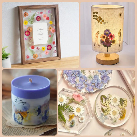 Assorted handmade crafts using pressed flowers, including a framed art, decorative lamp, floral candle, and resin coasters.