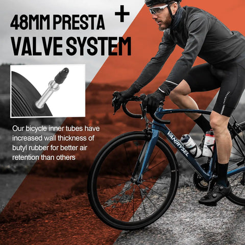 Cyclist on a road bike with Go-To 2 Pack 700X35C To 700X43C Road Bike Inner Tubes With 48mm Presta Valve, close-up of valve system.