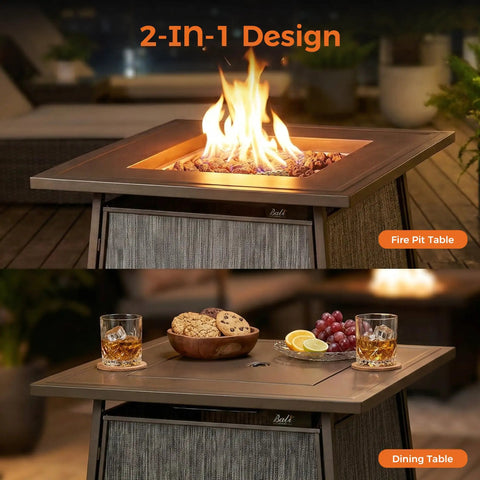 2 in 1 design of 50,000 BTU Propane Fire Pit Table, 28 Inch Square, converts from cozy fire pit to dining table for patio use
