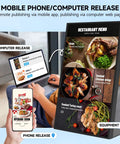 Ready To Roll 55 Inch 4K Digital Menu Board Wall Mount Commercial Signage Display showing restaurant menu with remote publishing via mobile and computer.