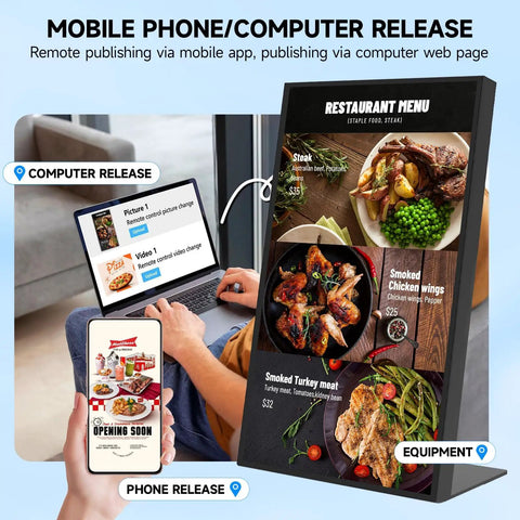 Ready To Roll 55 Inch 4K Digital Menu Board Wall Mount Commercial Signage Display showing restaurant menu with remote publishing via mobile and computer.