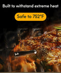 Sense Smart Wireless Meat Thermometer With Ultra Thin Probe monitoring steak on grill, safe to 752°F, extreme heat resistant