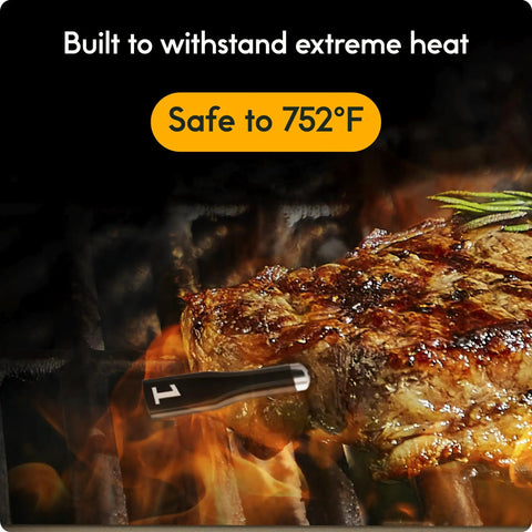 Sense Smart Wireless Meat Thermometer With Ultra Thin Probe monitoring steak on grill, safe to 752°F, extreme heat resistant