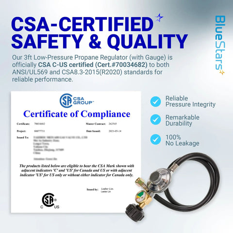 Image of CSA Certified Propane Hose Regulator with Gauge next to a compliance certificate. Low pressure, 3 ft length, universal use.