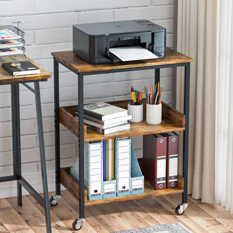 Slick Three Tier Rolling Kitchen Microwave Cart Featuring Rugged Steel Frame For Hella Spacious Storage And Smooth Mobile Coffee Bar Or Living Room Side Table Platform with printer and office supplies.
