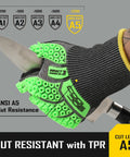 A5 Cut Resistant Gloves With Impact TPR Shield Touchscreen Nitrile Dipped Safety Work Gloves With Superior Grip For Mechanic Tasks And Heavy Duty Jobs 3 Pairs In Large Assorted Colors holding knife