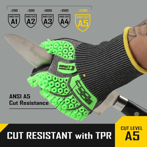 A5 Cut Resistant Gloves With Impact TPR Shield Touchscreen Nitrile Dipped Safety Work Gloves With Superior Grip For Mechanic Tasks And Heavy Duty Jobs 3 Pairs In Large Assorted Colors holding knife