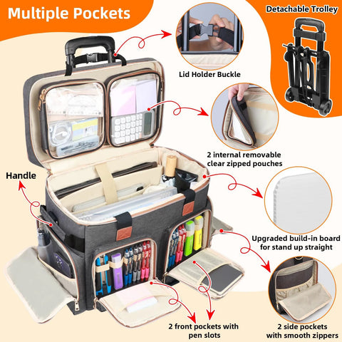 Interior view of Detachable Trolley Rolling Teacher Tote Bag With Padded Laptop Compartment, open with organized pockets and supplies visible.