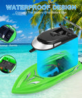 2 Pack Dope RC Boats for Pools and Lakes, 10km/h 2.4G Remote Control Speed Boats, closeup of waterproof green boat design