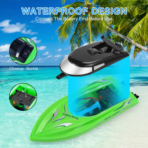 2 Pack Dope RC Boats for Pools and Lakes, 10km/h 2.4G Remote Control Speed Boats, closeup of waterproof green boat design