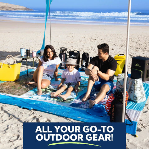 Family relaxing under beach canopy with Replacement Beach Tent Poles For 10x10ft Beach Tent, 6.6ft Length, Aluminum, 5-Section Easy-Link Poles