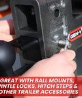 Heavy Duty 5/8 Inch Hitch Pin With Self Locking Twist Clip in use on tow hitch, showcasing stainless steel build for 21K and 32K hitches